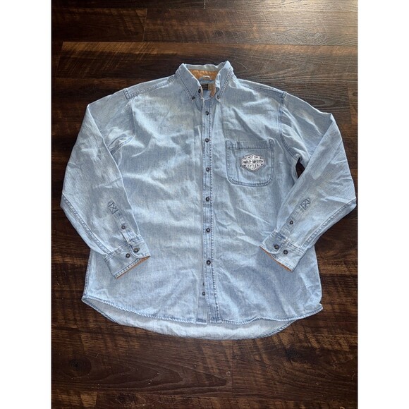 Harley-Davidson Denim Button-Up Shirt V Twin Power Mens L GUC - Picture 1 of 7